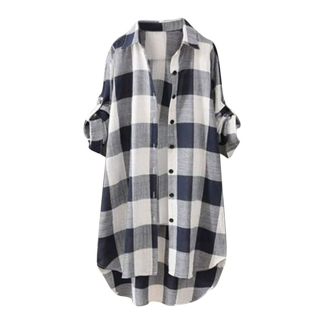 UPPADA Womens Long Flannel Plaid Shirts Oversized Lightweight Button up Shirts Plus Size Trendy Blouses with Pockets Blue,L