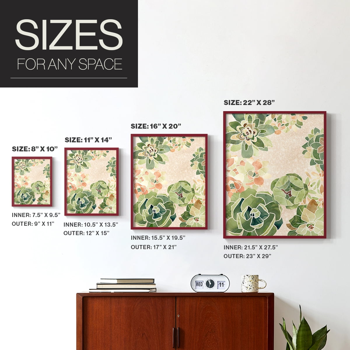 Stained Glass Succulents I Framed Print in Red Solid Wood Framed Print No Nail Hanging