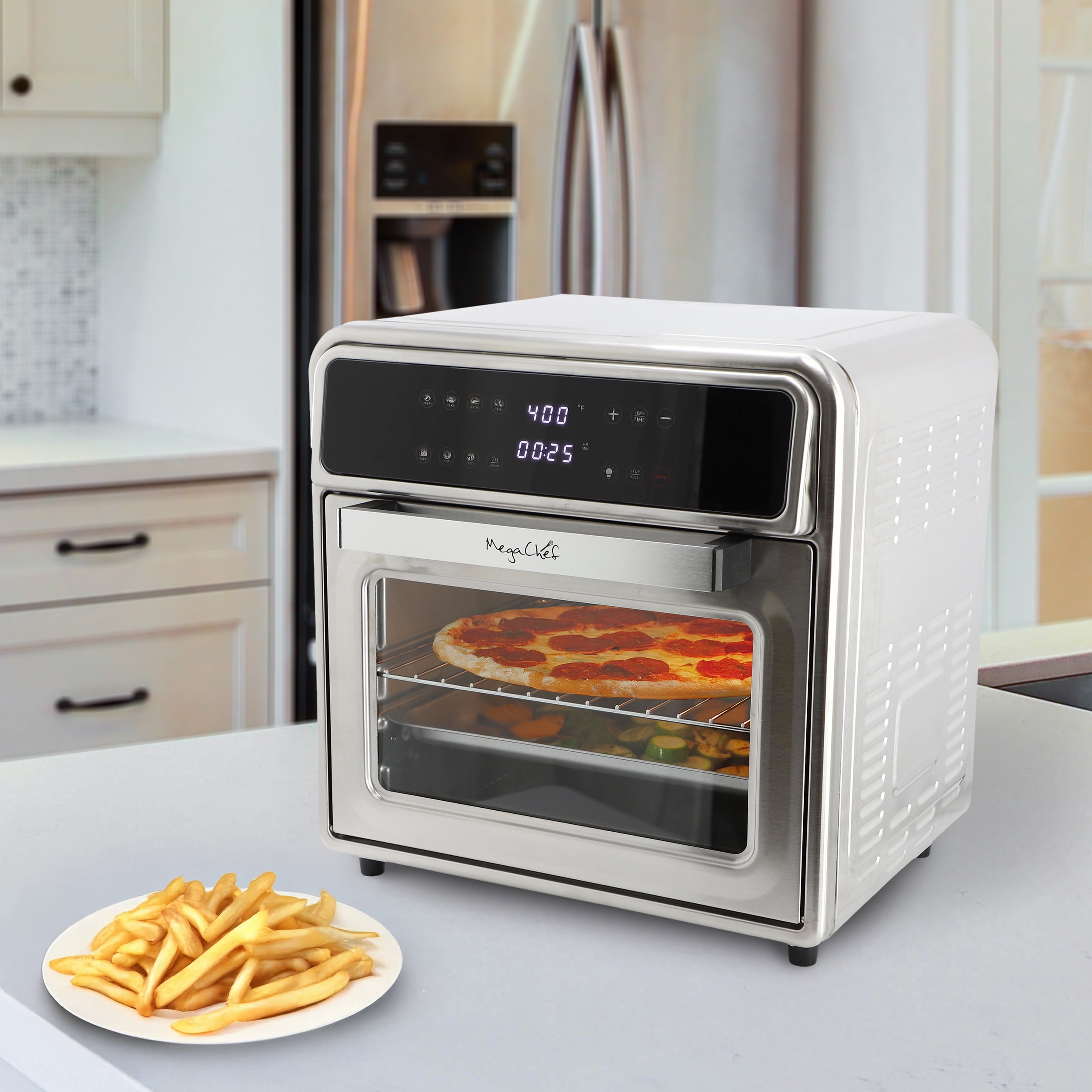 MegaChef 21.13 Digital Quart Stainless Steel Digital Electric Multi-Function Air Fryer and Counter Top Oven in Silver
