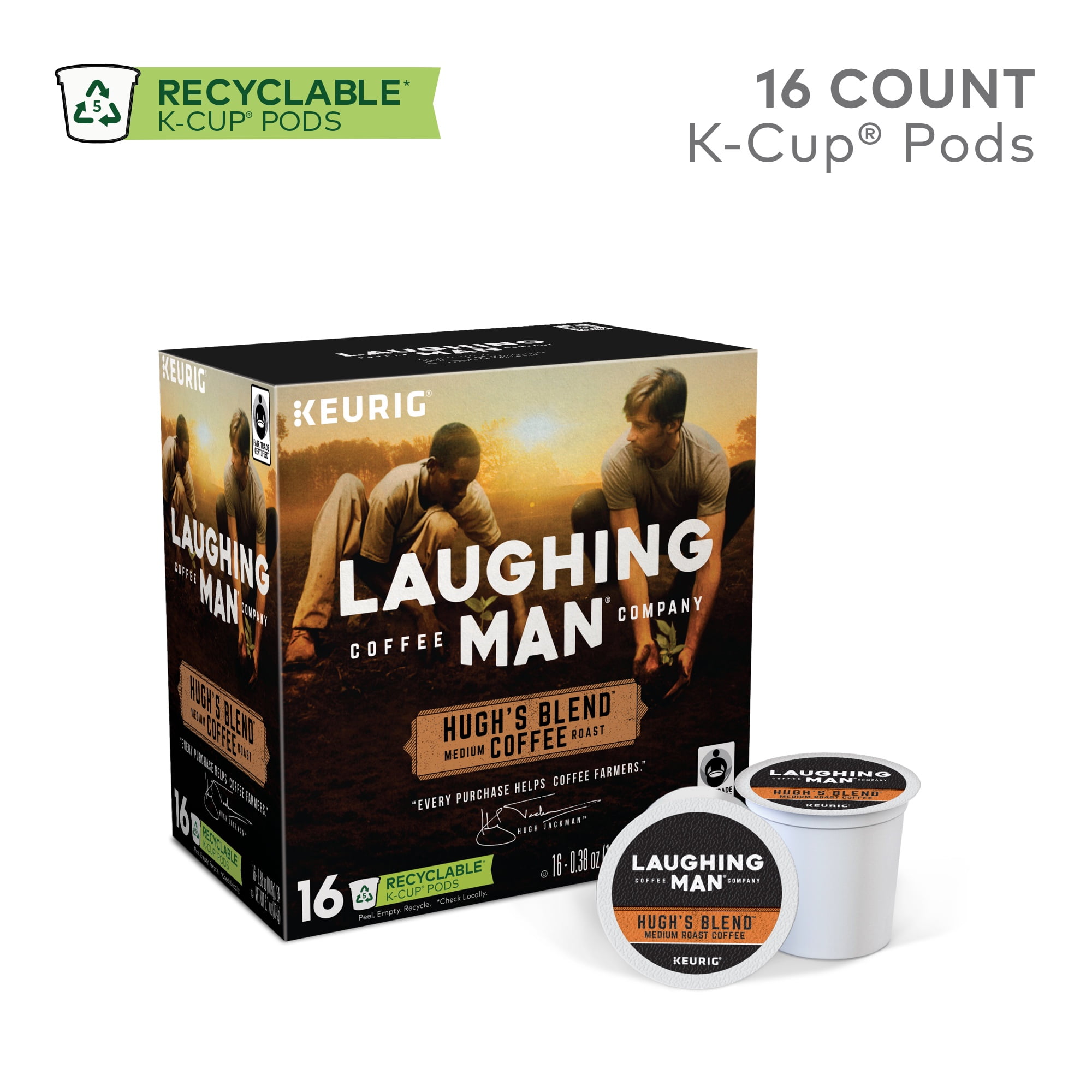 Laughing Man Hugh's Blend KCup Coffee Pods, Light Roast, 16 Count for