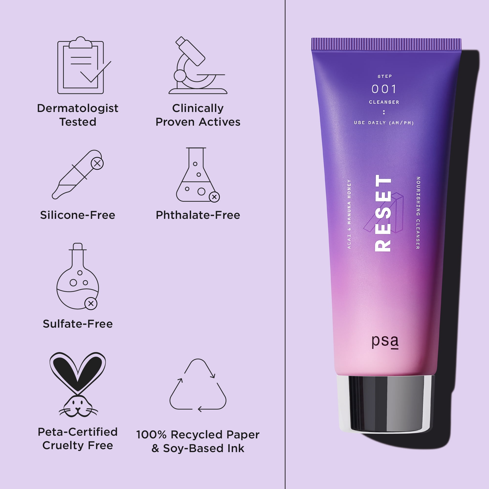 PSA Reset Face Wash Facial Cleanser for Acne Treatment, 3.4 oz
