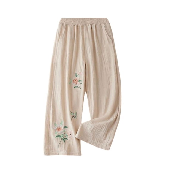 Ruimatai Women's Elastic Waist Floral Embroidered Wide Leg Casual Pants with Pockets for Loungewear Daily Wear