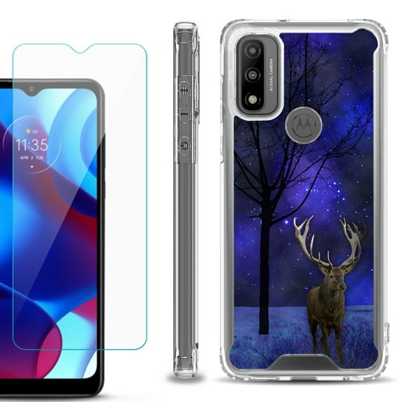 Shockproof Bumper Phone Case for Motorola Moto G Pure, with Tempered Glass Screen Protector, by OneToughShield ® - Midnight Deer