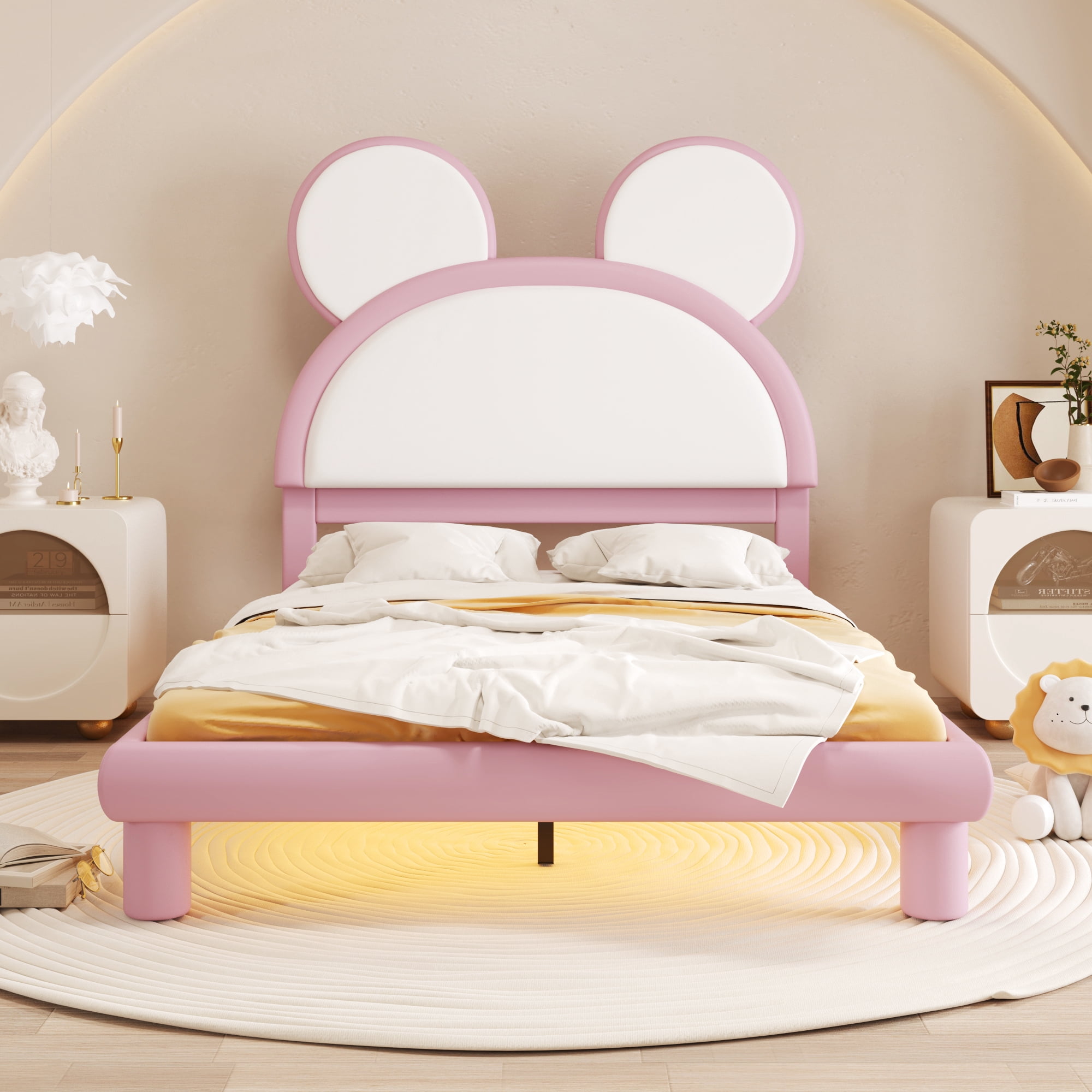 EUROCO Upholstered Full Size Platform Bed with LED Light, PU Leather Cartoon Bed for Kids Teens, Pink