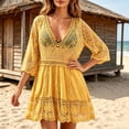 thumbnail image 2 of Hesxuno Women Swimsuit Cover Ups 3/4 Sleeve Swim Dress Lace Bathing Suit Cover Up Beach Boho Vacation Restro Beachwear Yellow Free Size, 2 of 7