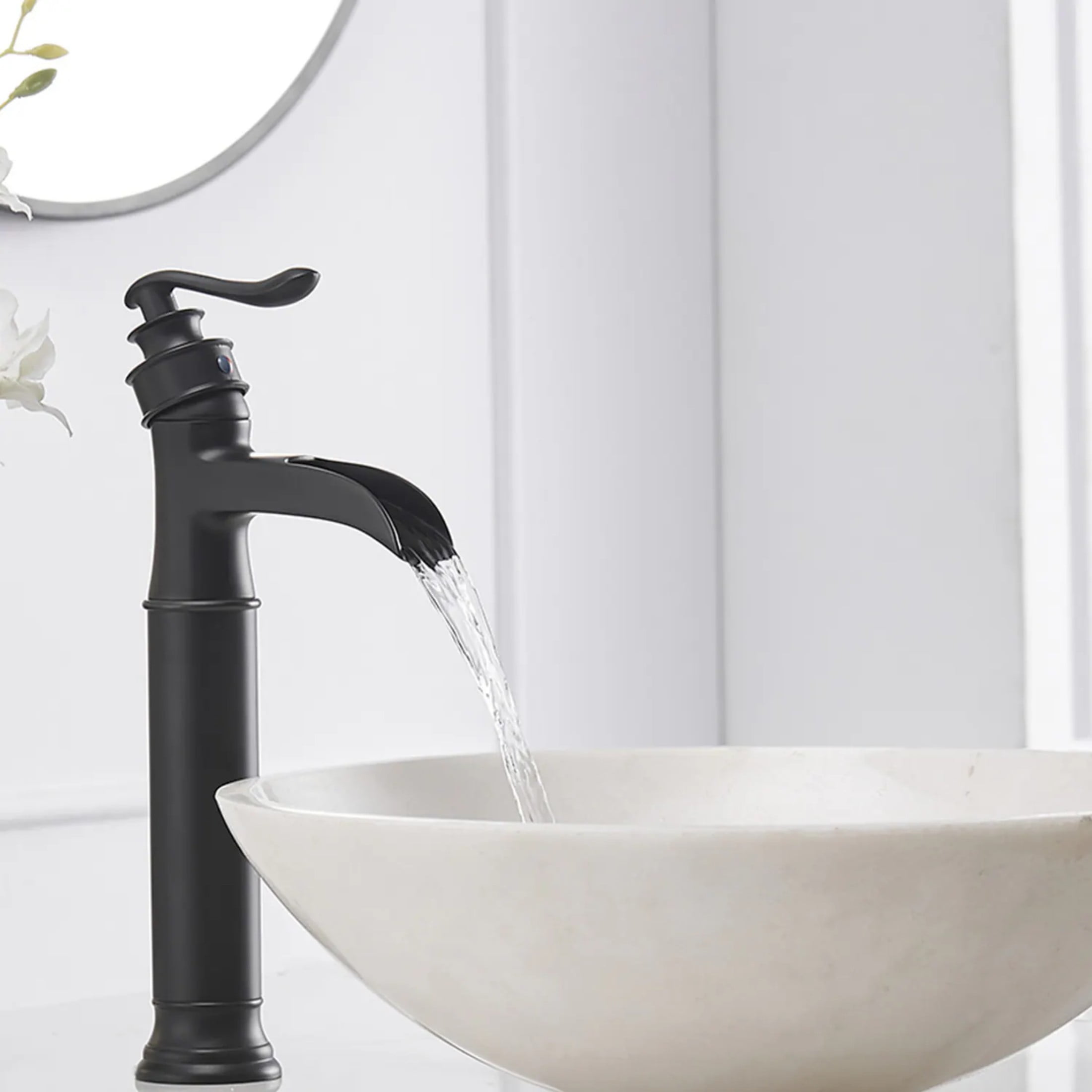 BWE Matte Black Waterfall Commercial Single Handle One Hole Bathroom Vessel Sink Faucet Deck Mount
