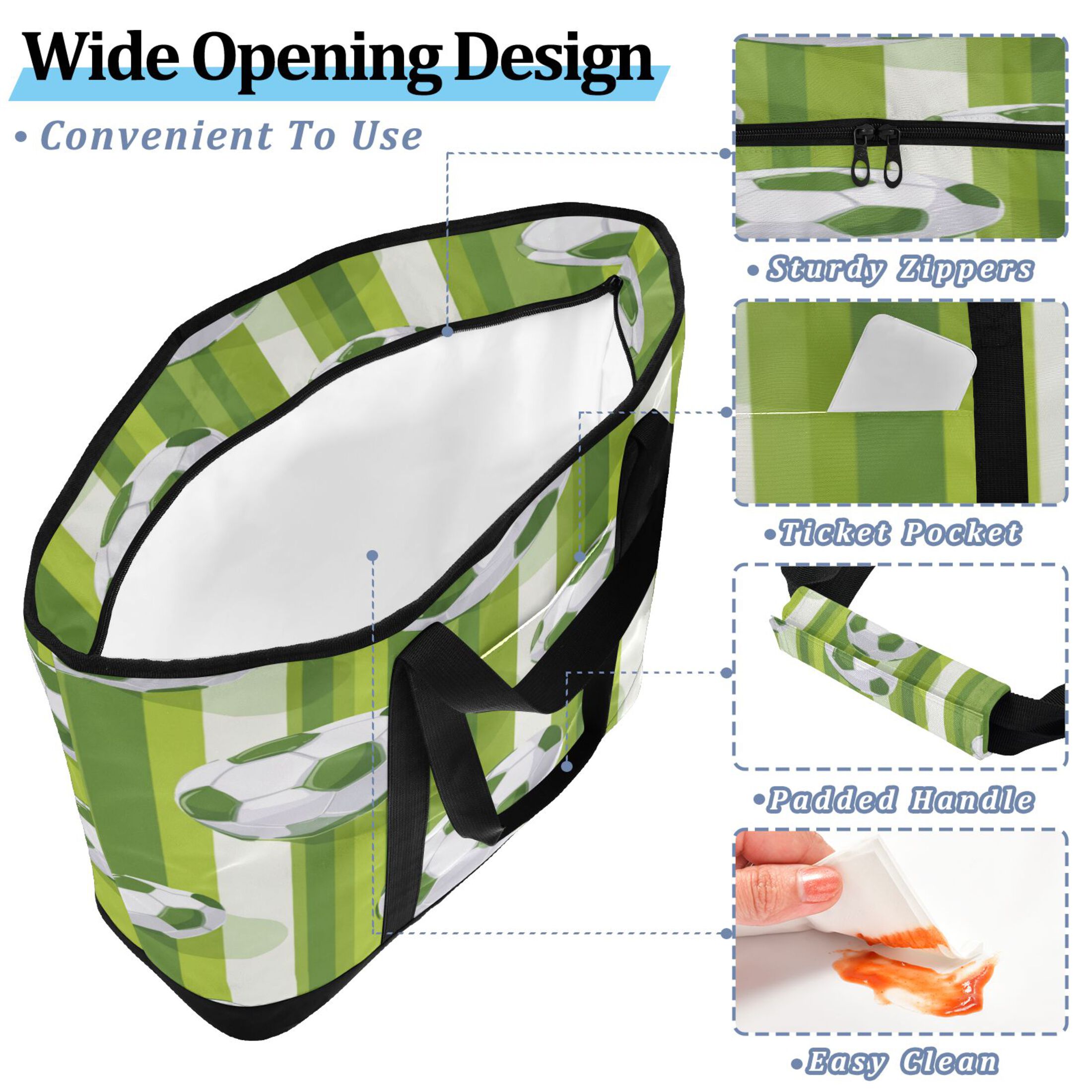 Extra-Large Wide Opening Design Capacity Hand-Held Ice Pack Thickened Insulation Layer For Long-Lasting Cold Retention For Outdoor Shopping Picnics And Camping Green Footballs Pattern