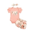 thumbnail image 2 of LMLYSoH Baby Girl Summer Clothes Set, Ruffle Short Sleeve Rib Knit Romper + Floral Shorts + Headband Set, 2 of 9