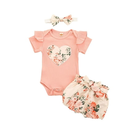 

Nokpsedcb 3PCS Newborn Infant Baby Girls Short Sleeve Romper Shorts and Headband Summer Outfits Pink 12-18 Months
