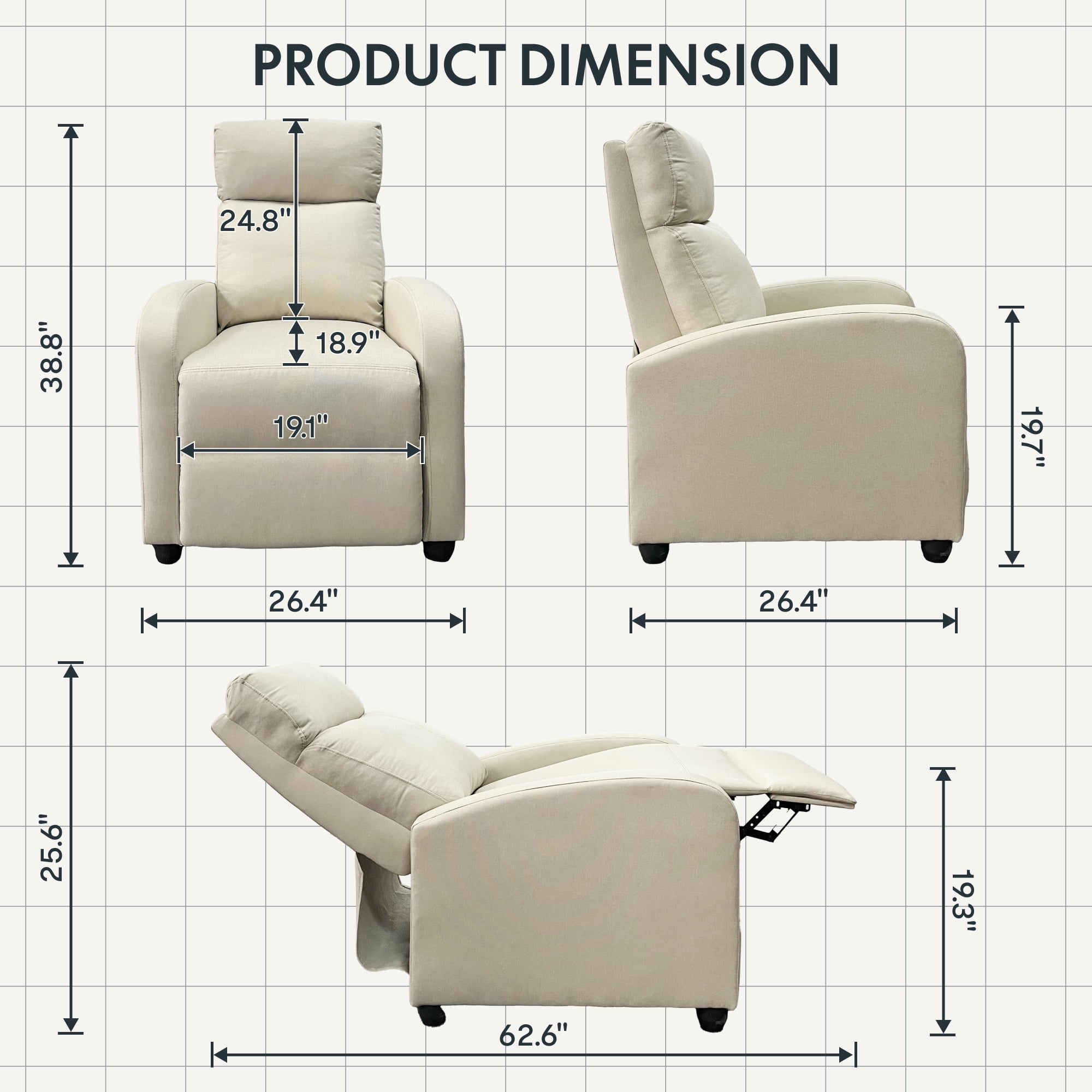 FlexiSpot Pushback Recliner Chair Adjustable Faric Home Living Single Reclining Sofa Weight Capacity 300 lbs Grey
