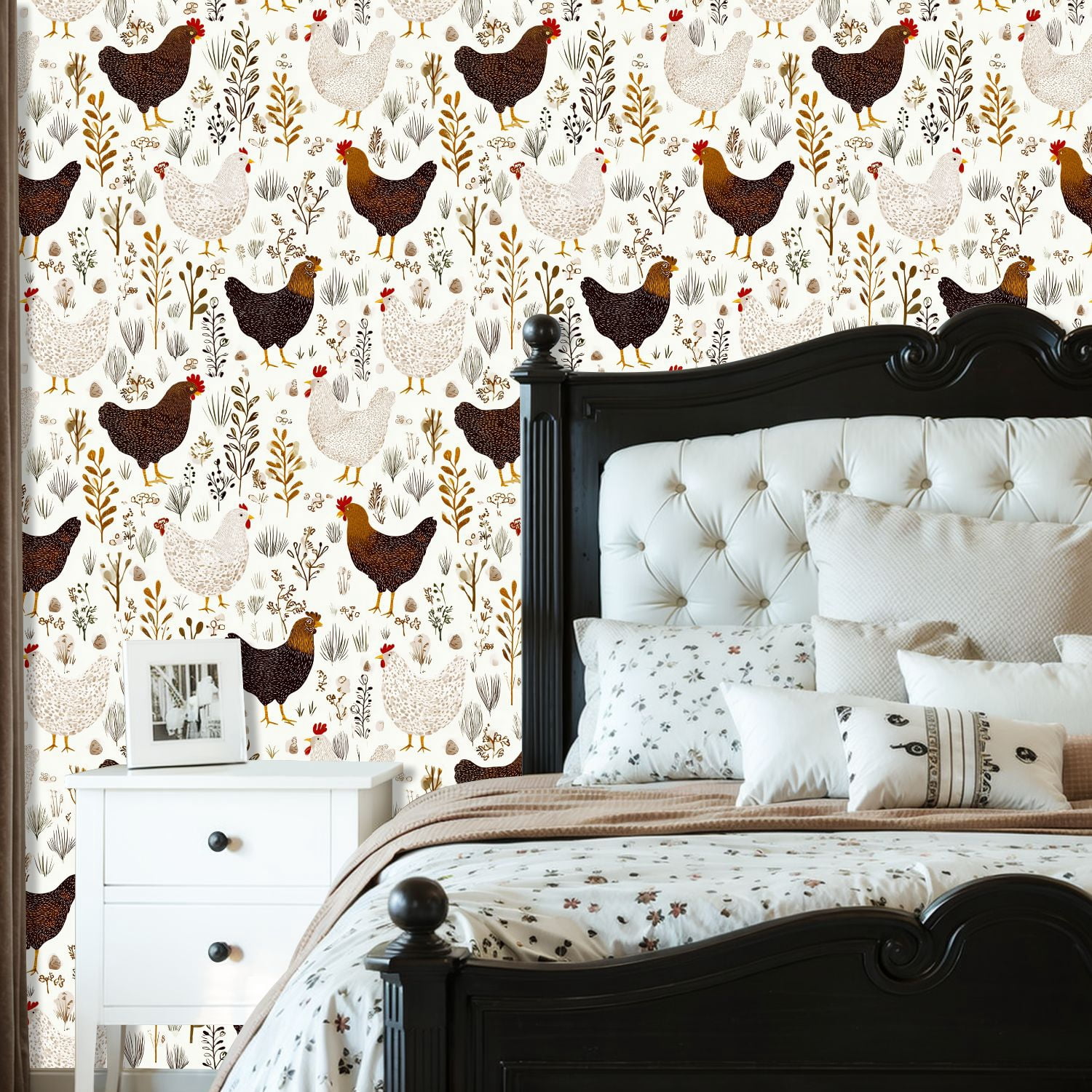Peel and Stick Wallpaper Floral cute cartoon chicken white Wall Mural 23.6in x 9.8ft Self Adhesive Removable Wall Paper Renter Friendly Wallpaper for Bedroom Nursery