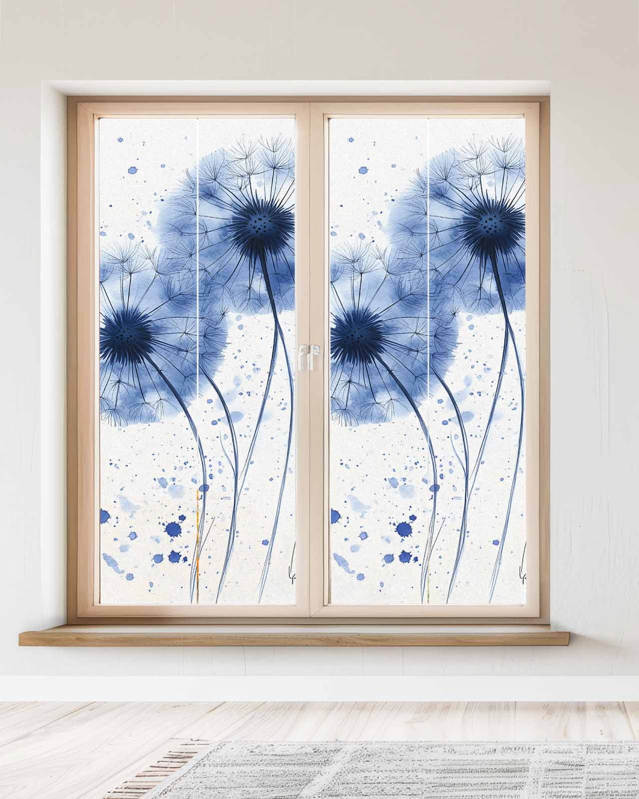 Window Privacy Film Blue Dandelion Stained Glass Window Film Decorative Sun Block Window Cover Contemporary Simple Watercolor Floral Window Clings Static Adhesive Sticker for Bathroom 23.6"x59"