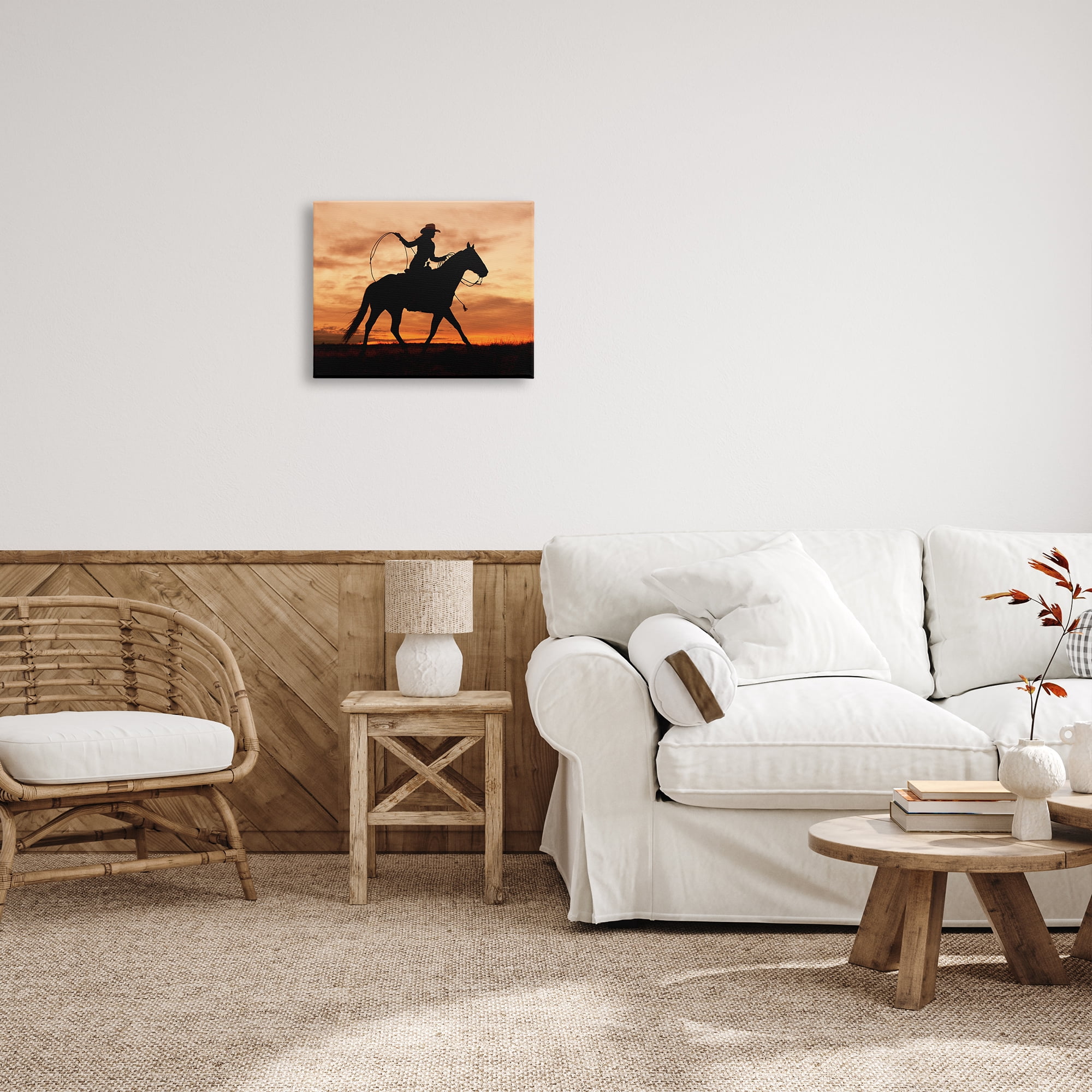 Stupell Indtries Cowgirl Sunset Silhouette Southwestern Horse Field Landscape,20 x 16,Design by J.C. Leacock