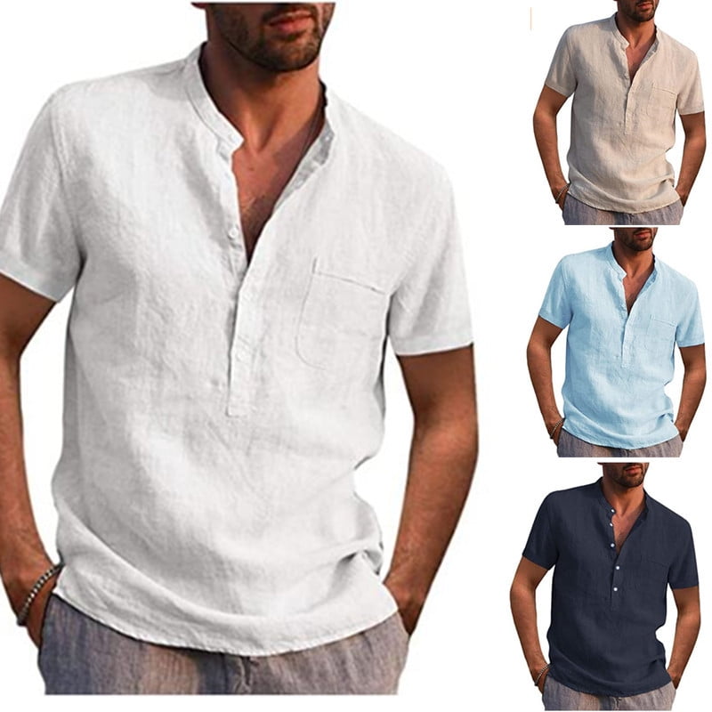 Zeagoo Women Cotton Linen Shirt V Neck Button Down Short Sleeve Blouse Casual Work Tunic