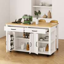 K&K 47 inch Kitchen Island with Extendable Dining Table, Rubber Wood Veneer Kitchen Table with Internal Storage Rack, Power Outlet, Kitchen island with Storage 2 Drawers 2 Cabinet,White