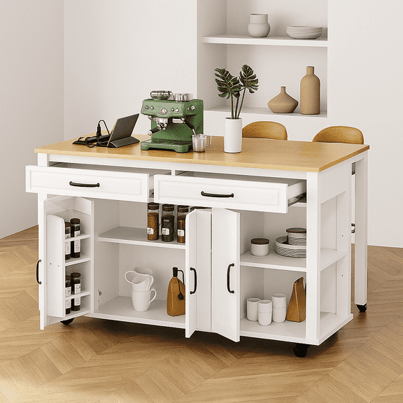 K&K 47 inch Kitchen Island with Extendable Dining Table, Rubber Wood Veneer Kitchen Table with Internal Storage Rack, Power Outlet, Kitchen island with Storage 2 Drawers 2 Cabinet,White