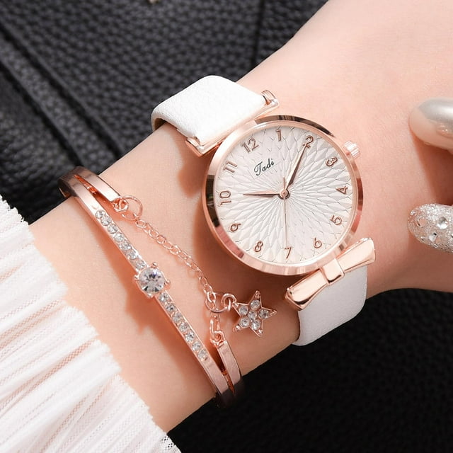 Pulseras para mujer, regalos para mujer, relojes para mujer, conjunto de pulseras con flores, reloj de pulsera para mujer, reloj casual de cuero de cuarzo para mujer