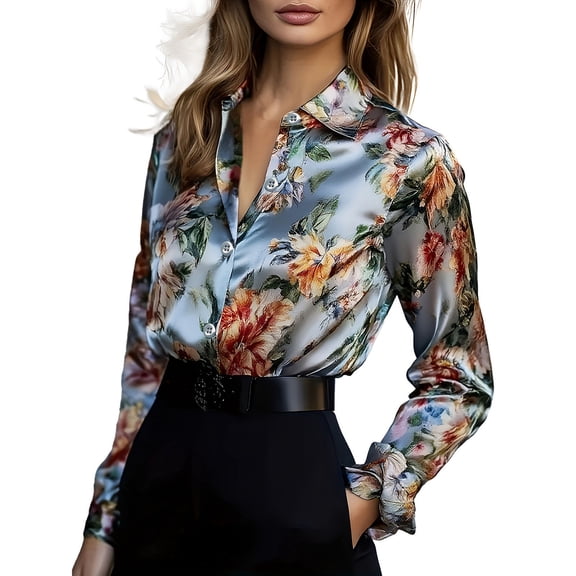 HongQid Button Down Shirts for Women Dressy Floral Printed Long Sleeve Blouse Business Casual Work Tops