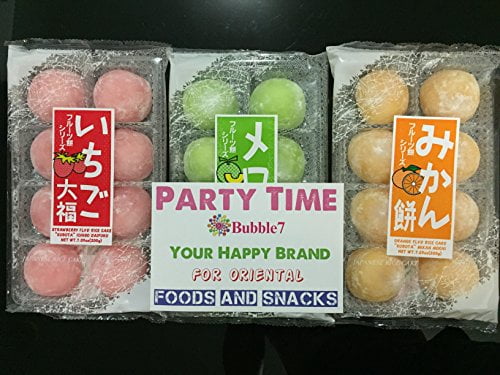 NineChef Bundle - Japanese Mochi Fruits Daifuku (Rice Cake) Strawberry Melon Green Tea Orange Flavors. (Strawberry+Melon+Orange) + 1 NineChef Brand Long Handle Spoon