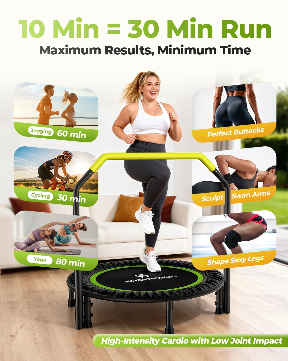 SAEEPABUL 40Inch Mini Fitness Rebounder Trampoline with Adjustable Handle, Indoor Exercise Workout Trampoline for Adults, Max Load 330lbs, Green