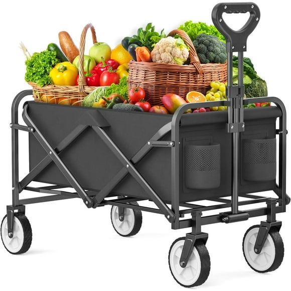 Folding Wagon, Collapsible Beach Wagon Cart,Foldable Grocery with Side Pocket, Large Capacity Heavy Duty Portable Wagon for Camping, Sports, Shopping, Garden and Beach (Black)