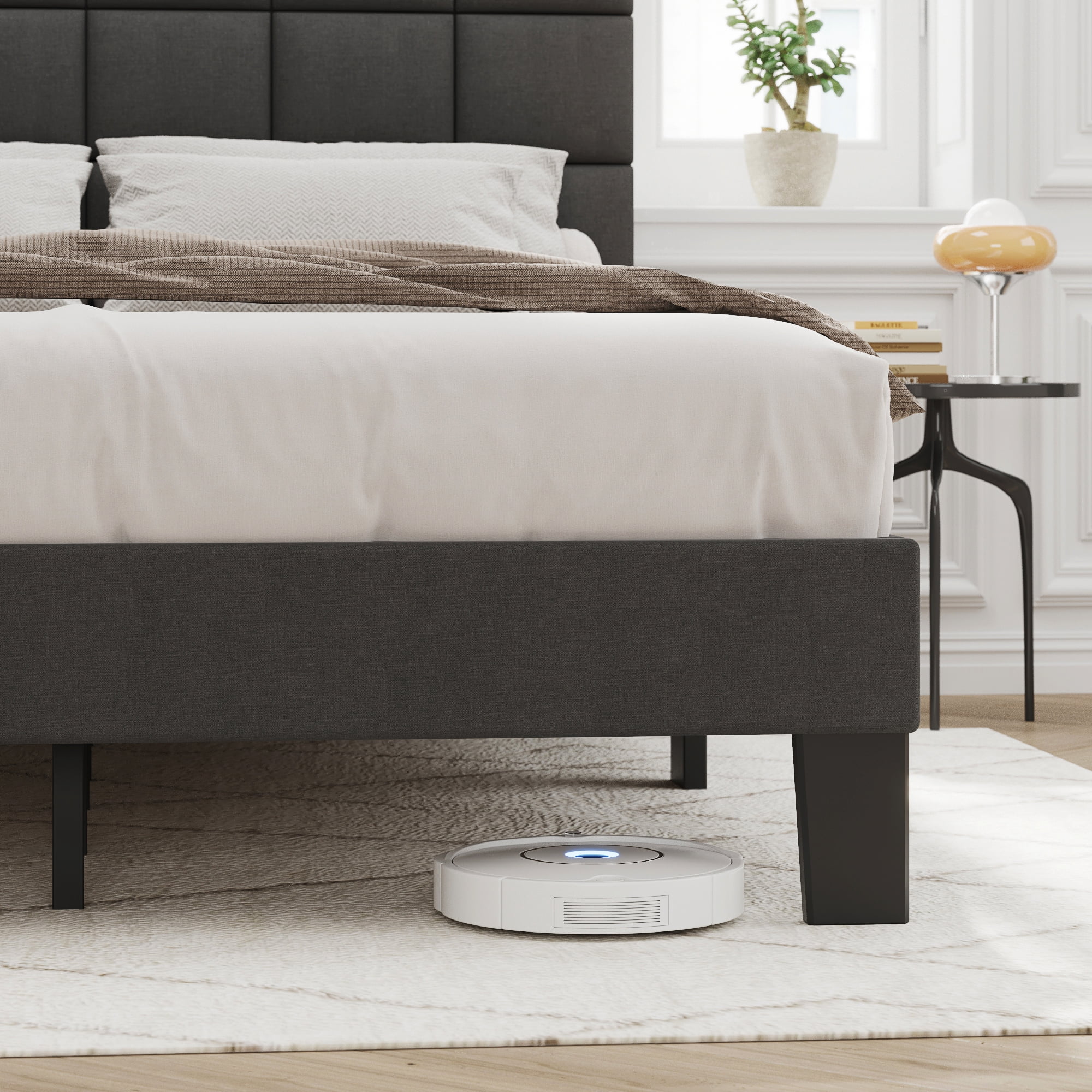 Queen Bed, Lifezone Queen Size Upholstered Bed Frame with Adjustable Headboard, No Box Spring Needed, Dark Grey