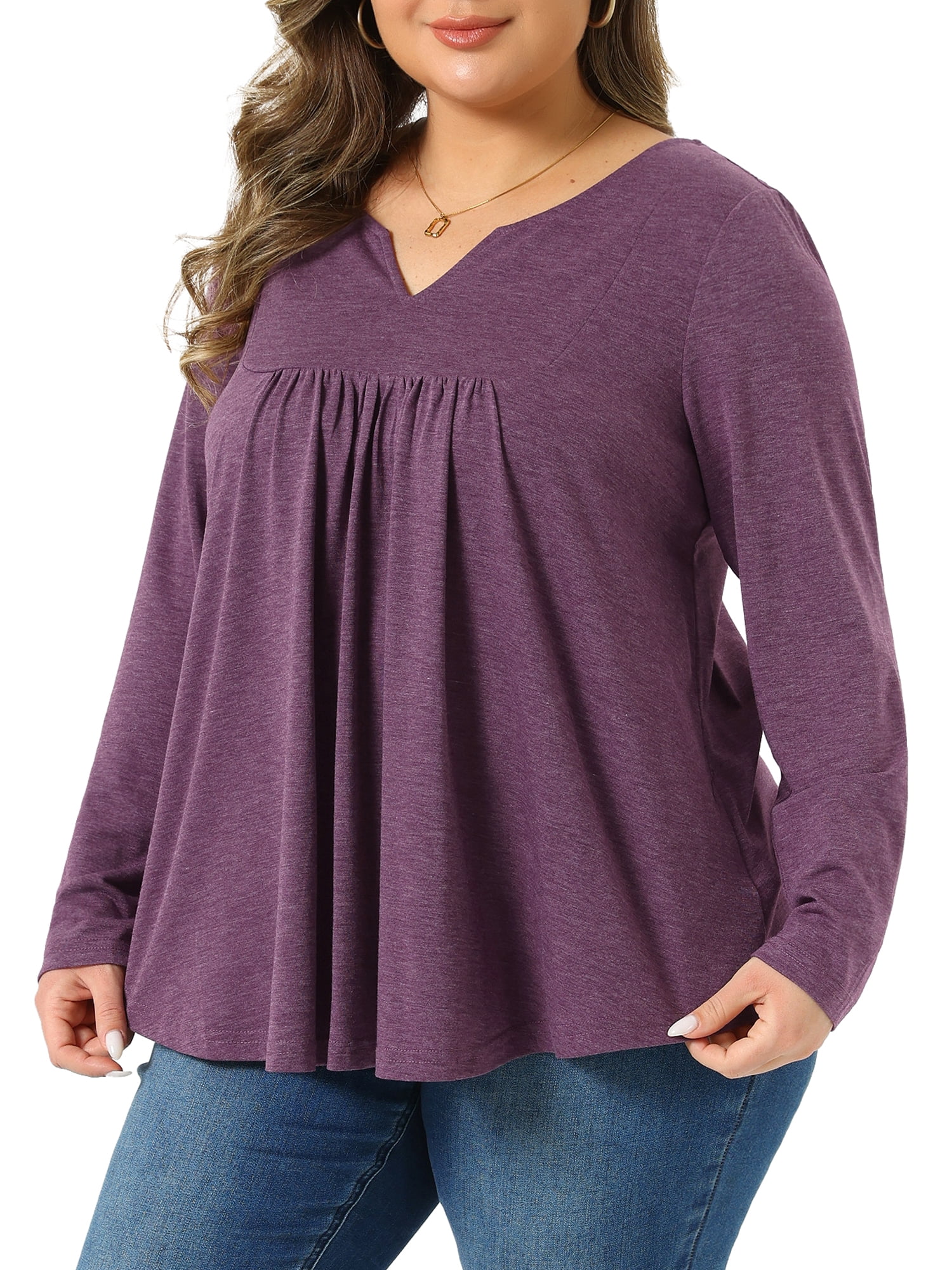 DARING DIVA Women's Plus Tops Notched Neck Front Pleated T-Shirt Blouses 4X Purple