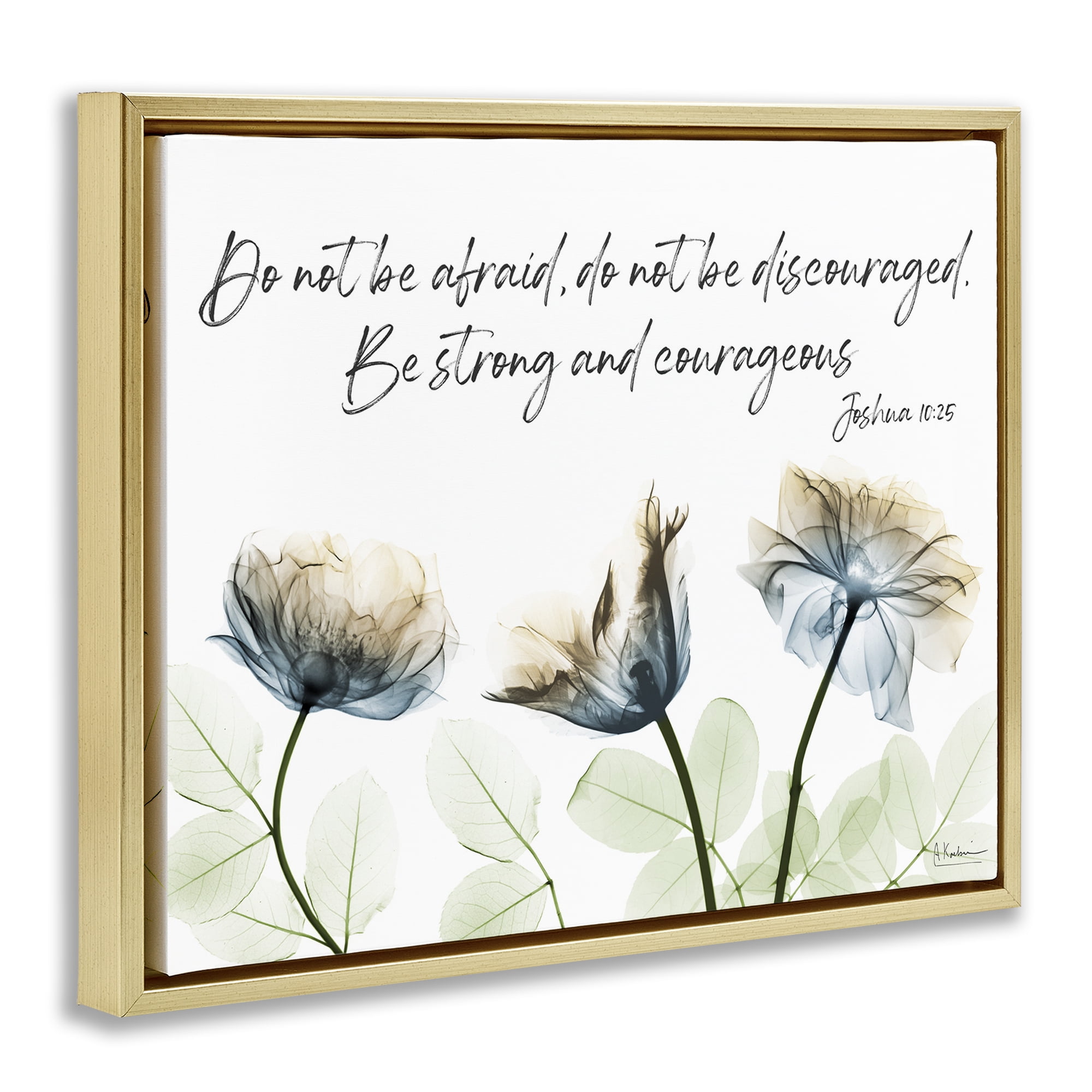 Stupell Industries Strong & Courageous Floral Religious Painting Gold Floater Framed Art Print Wall Art, 31 x 25