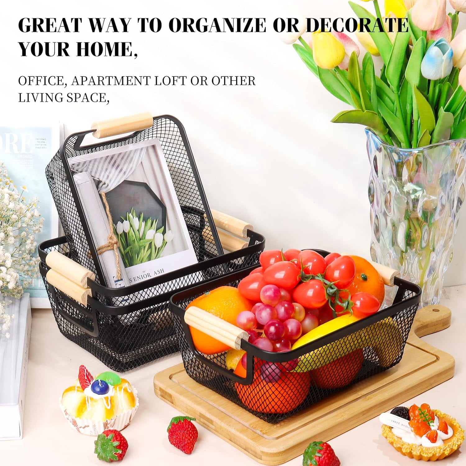 6Pack Black Wire Basket with Wooden Handle, Storage Bins for Pantry, Metal Mesh Basket for Kitchen Organization, Snack Organizer for Home Cabinet Closet Bathroom Fridge Fruit Makeup and Office
