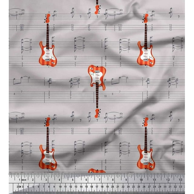 Soimoi Tissu Gris Georgette Viscose Notes & Guitare Instrument de Musique Imprimé Tissu au Mètre 42 Pouces de Large