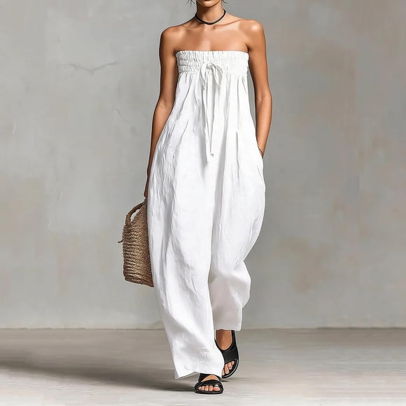 Sentmoon Linen Jumpsuits for Women Sleeveless Womens Overalls Loose Fit Solid Color Drawstring Regular Fit Jumper for Women Summer for Going Out and Party S-2XL
