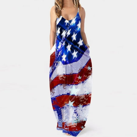 

Hvyesh Summer Dresses for Women 2023 Casual Beach Maxi Dress American Flag Print V Neck Sundresses Spaghetti Strap Sleeveless Comfortable Dresses Blue