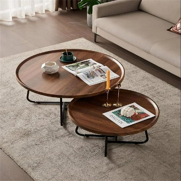 Nesting Coffee Table Set of 2, Round Center Table with Non Slip Feet Side, End Tables with Wood Grain Top for Living Room Office, Brown