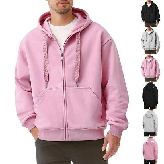 CFLVAEK Pink Hoodies for Men with Cute Hood Casual Zip Up Hooded Sweatshirts with Pockets Solid Color Hoodie Sweatshirts Pink XL