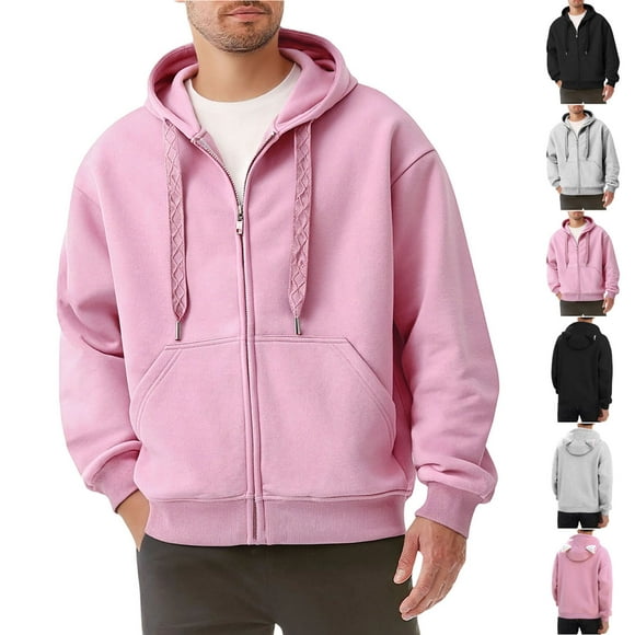 CFLVAEK Pink Hoodies for Men with Cute Hood Casual Zip Up Hooded Sweatshirts with Pockets Solid Colour Hoodie Sweatshirts Pink L