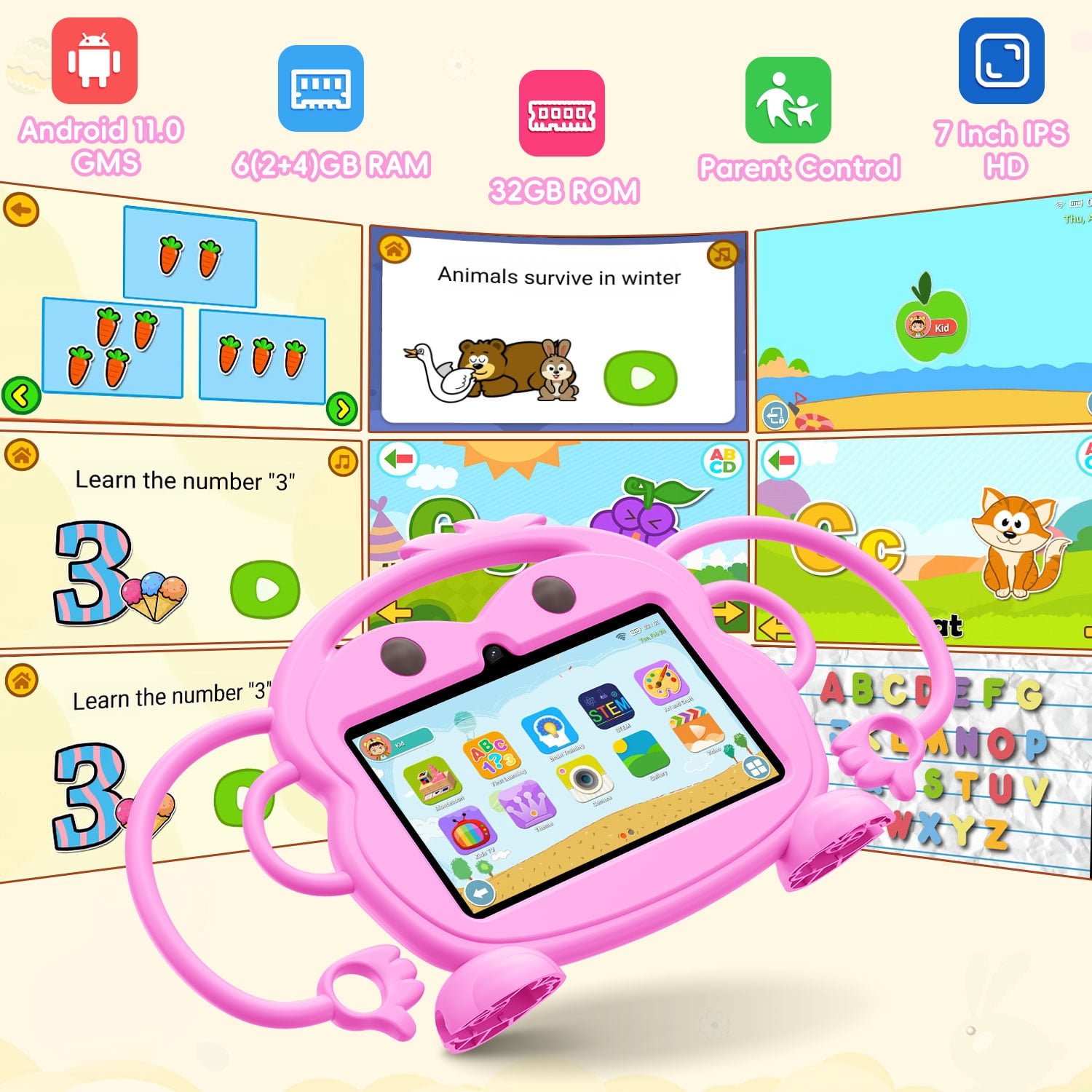 Kids Tablet, 7 inch Android Tablet for Kids, 6GB RAM 32GB ROM Quad-Core Toddler Tablet with Shockproof Case, Bluetooth, WiFi, Parental Control, 2MP+2MP Dual Camera, GPS, Games
