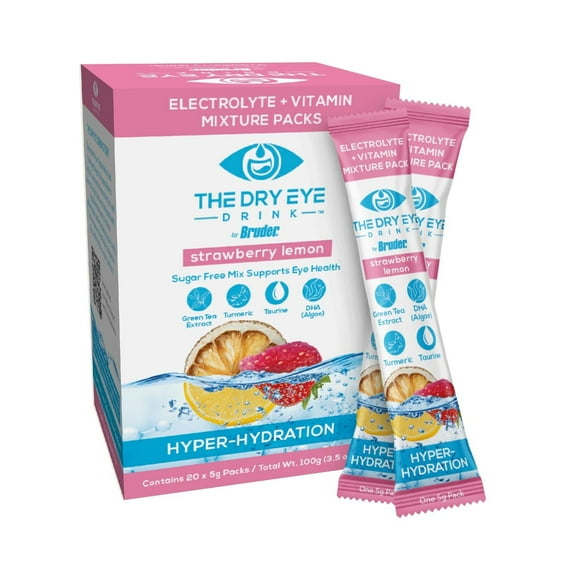 The Dry Eye Drink Strawberry Lemon Flavor l Ultimate Hydration for Dry Eyes l Sugar-Free Electrolyte Powder Packets l Blended with Vitamins, Green Tea, Turmeric, Taurine, and DHA l 5g x 20 Packets