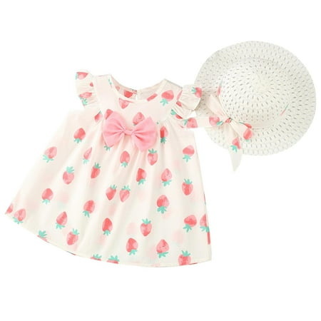 

GWAABD Teen Girl Dresses White Cotton Blend toddler Girls Fly Sleeve Strawberry Prints Princess Dress Dance Party Dresses Clothes 6