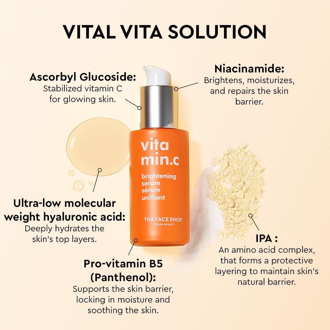 The Face Shop Brightening Vitamin C Serum with Hyaluronic Acid and Niacinamide, for Dark Spots, Dull Skin and Uneven Skin Tone, Korean Beauty
