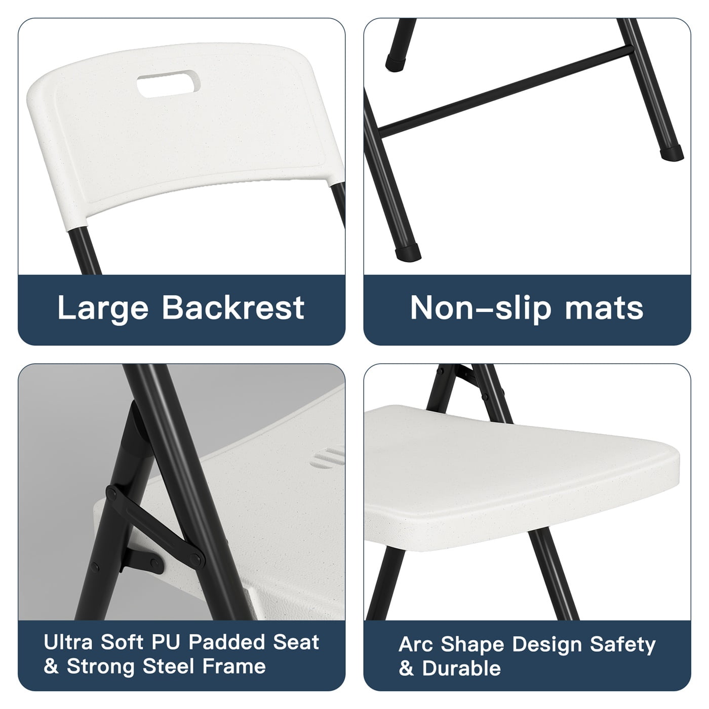 Hommoo 4 PCS Portable Folding Chairs Set, Plastic Seat with Steel Frame for Indoor Outdoor, White