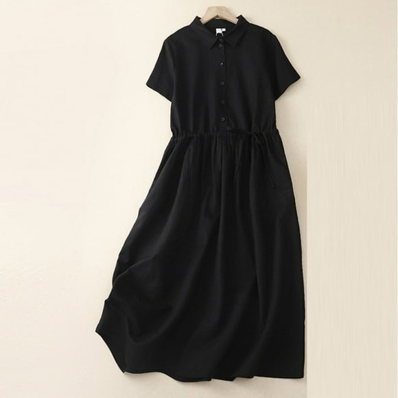 LOVZFMLL Women's Casual Color Round Neck Tie Up Waist Dress Black M