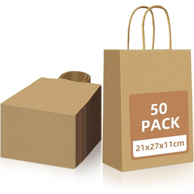 Bolsas de Regalo Kraft 50 Piezas, Asas Resistentes, Para Mayoreo, Boutiques, Bodas, Cumpleaños, Posadas (Café-a)