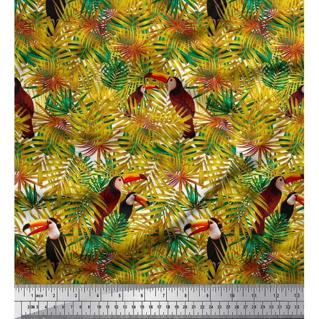 Soimoi Polyester Crepe Fabric Leaves & Toucan Bird Decor Fabric Printed Yard 52 Inch Wide