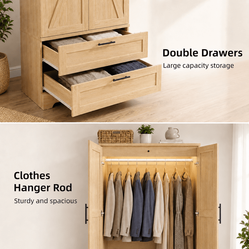 Lacoo Beige Wardrobe Armoire, 70.8 in, 2 Drawers, Motion-Sensor Light