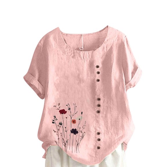 Women's Linen Shirt Plus Size Short Sleeve Blouses Cotton Linen Button Up Tops Casual Loose Tunic Top Ladies Long Length Top Oversized Blouses & Shirts Loose Classic Tee Shirts Going Out Tops