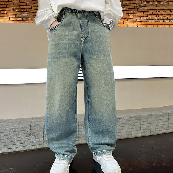 Boys' Straight Leg Elastic Waist Jeans Skate Park Tough Pull-On Activewear Pants Cotton Blend Denim Playground Ready Comfort Fit for Big Kids 6-14 Years Light Blue
