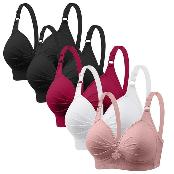 LYEAA Breathable Bras for Women Cool 5 Pack of Soft Comfortable Bras Wireless Push up Everyday Bra All Coverage Bralette Fashion Solid Plus Size Bra Style with Adjustable Straps