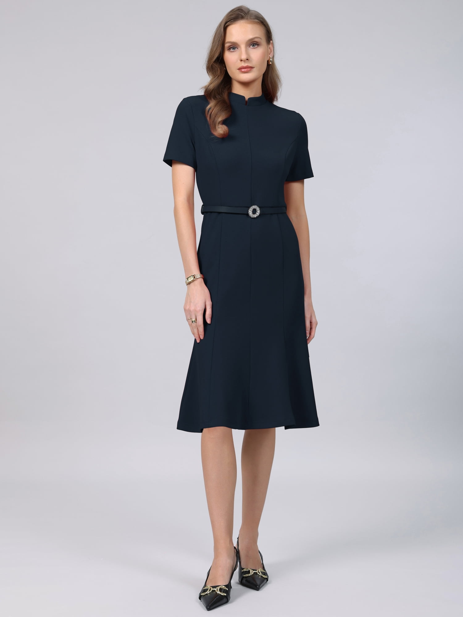 DARING DIVA Women's Vintage Mock Neck Short Sleeve Fishtail Dress M Navy Blue