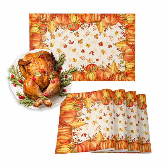 Fall Placemats Set of 6 Harvest Pumpkin Place Mats Thanksgiving Placemat Farm Autumn Maple Leaves Table Mats for Dining Kitchen Table Holiday Dinner Party Home Fall Decorations 13x19 Inch