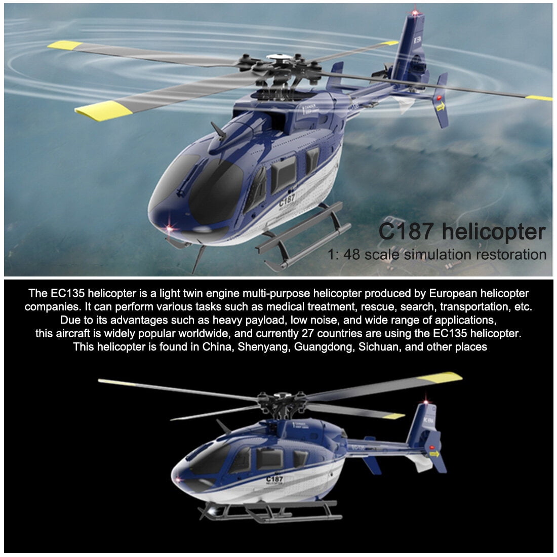 RC ERA C187 EC135 RC Helicopter, 4CH 2.4GHz Single-Rotor Flybarless Remote Control Aircraft 6-Axis Gyro with Optical Flow& Altitude Hold, RTF Beginner Helicopter for Adults & Teens